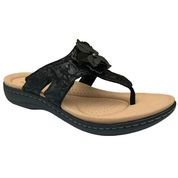 Clarks Women's Laurieann Gema Leather Thong Sandal Size 7 Black Arch Support - Picture 3 of 14
